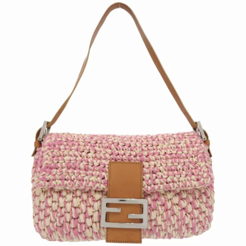 Fendi Hobo Bag Mamma Bucket Straw Tan Leather Pink Handbag